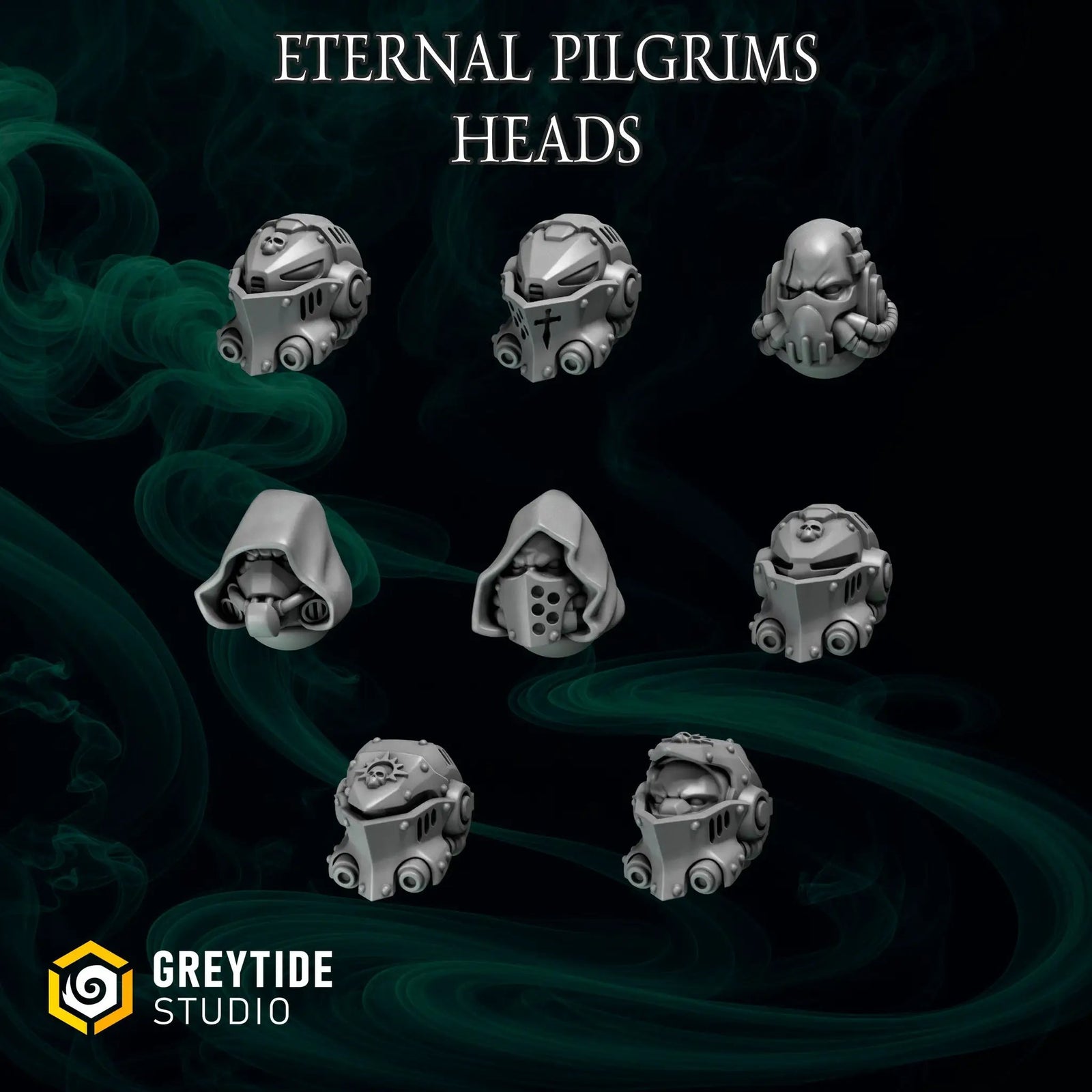 Set of 16 3D printed Eternal Pilgrim heads and helmets by Last Hope Miniatures from Greytide Studio, detailed miniature accessories.