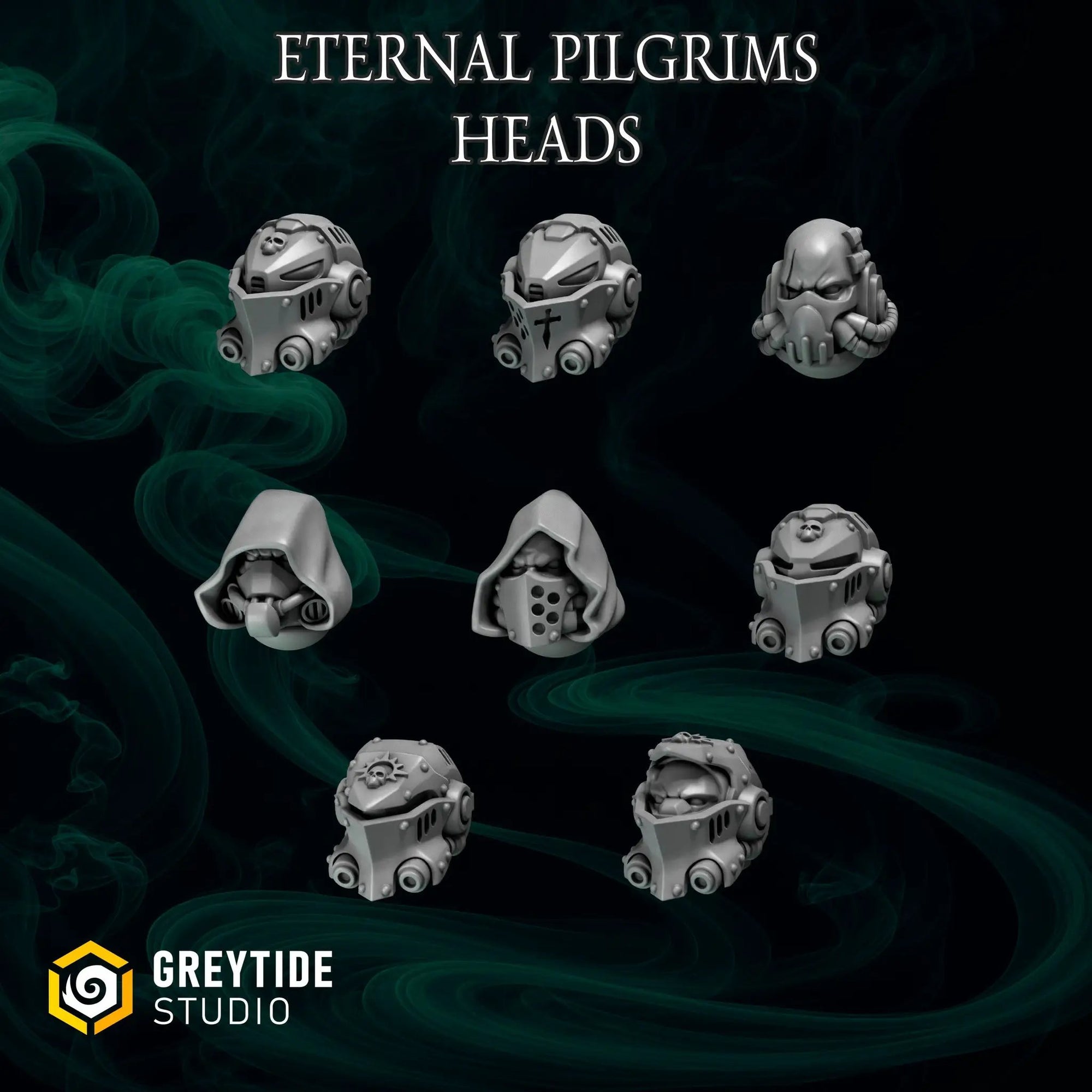 Set of 16 3D printed Eternal Pilgrim heads and helmets by Last Hope Miniatures from Greytide Studio, detailed miniature accessories.