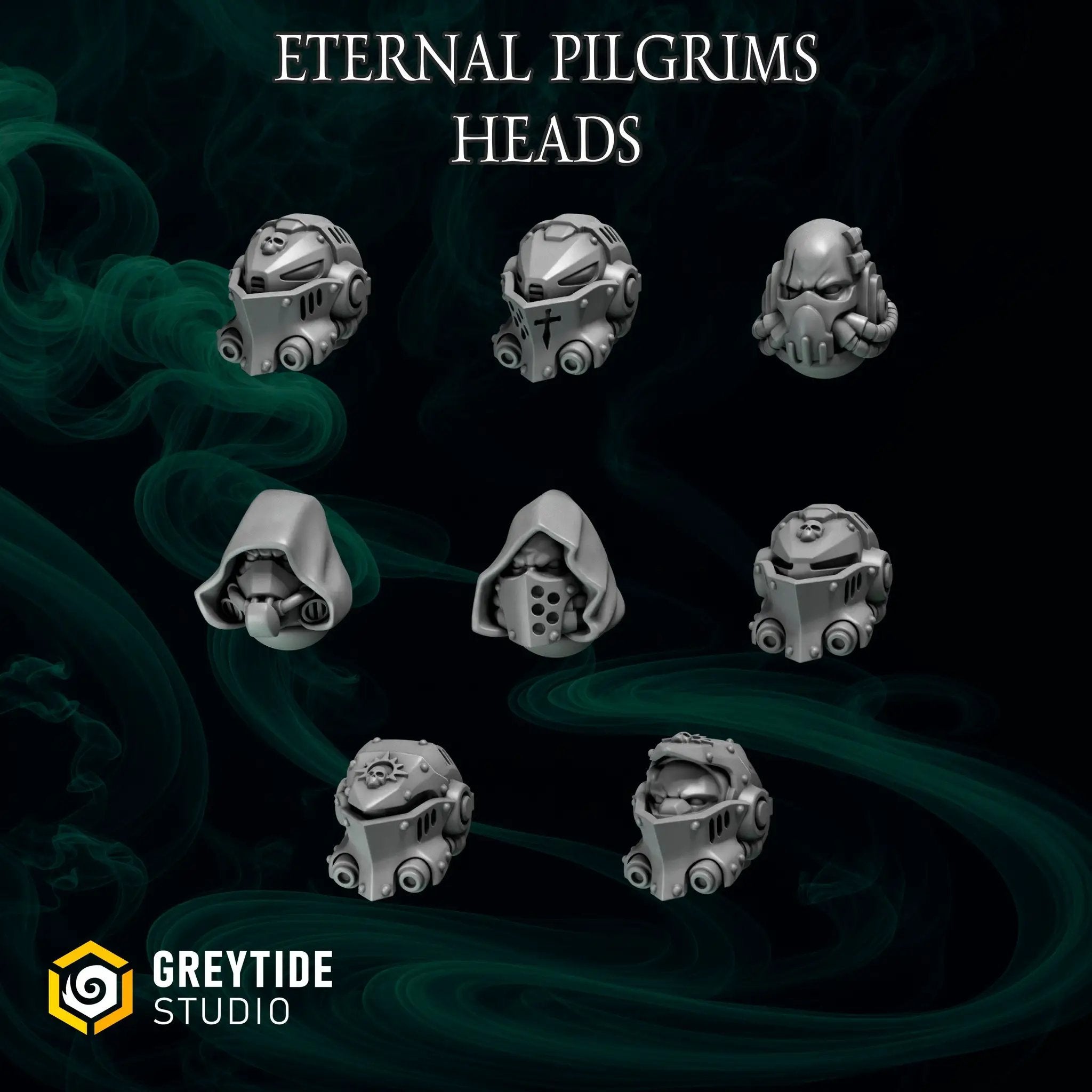 Set of 16 3D printed Eternal Pilgrim heads and helmets by Last Hope Miniatures from Greytide Studio, detailed miniature accessories.