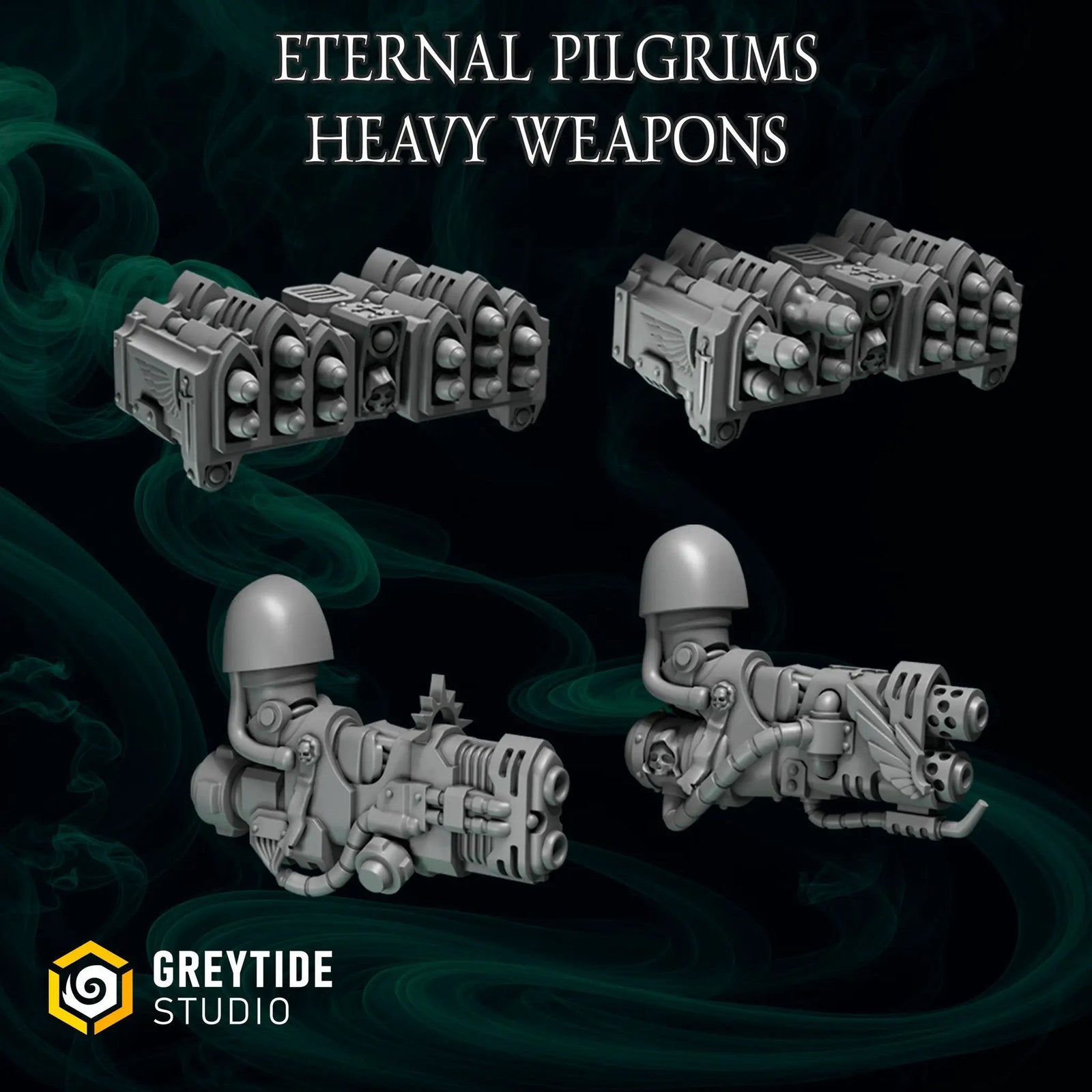 3D printed Eternal Pilgrim Heavy Weapons model by Last Hope Miniatures for Greytide Studio, showing detailed weaponry and figure details.