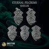 Set of ten 3D printed Eternal Pilgrim large shields by Last Hope Miniatures, featuring detailed medieval-style armor shields.