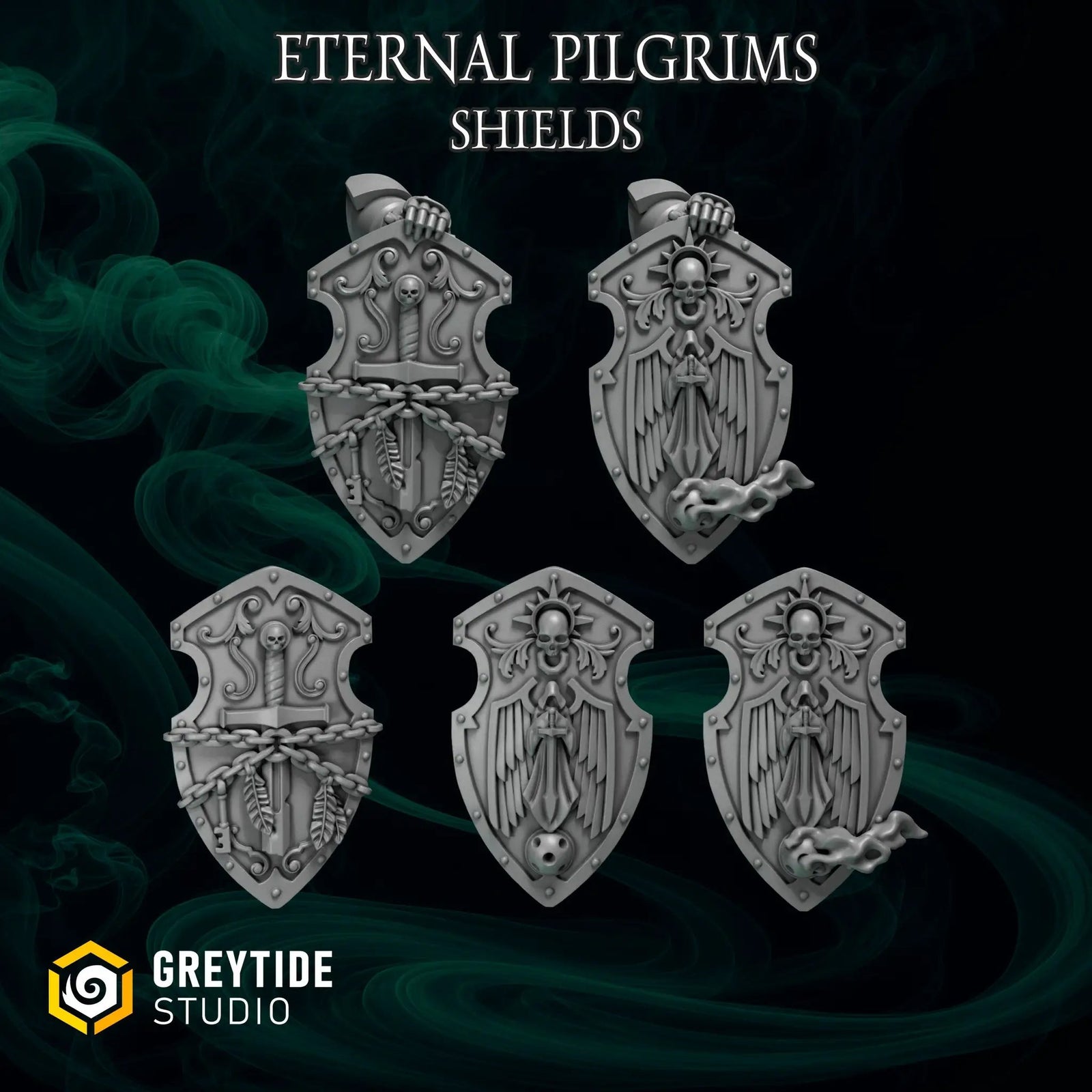 Set of ten 3D printed Eternal Pilgrim large shields by Last Hope Miniatures, featuring detailed medieval-style armor shields.