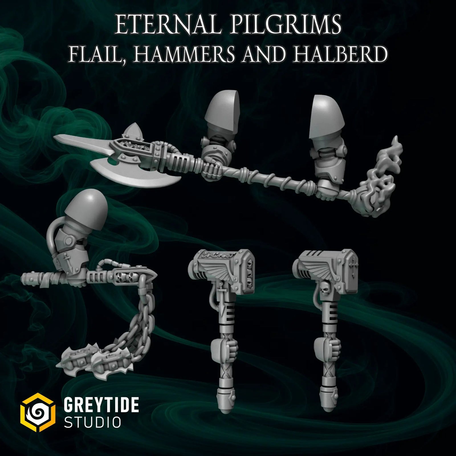 3D printed Eternal Pilgrim weapons by Last Hope Miniatures for Greytide Studio, featuring detailed fantasy weapon designs.