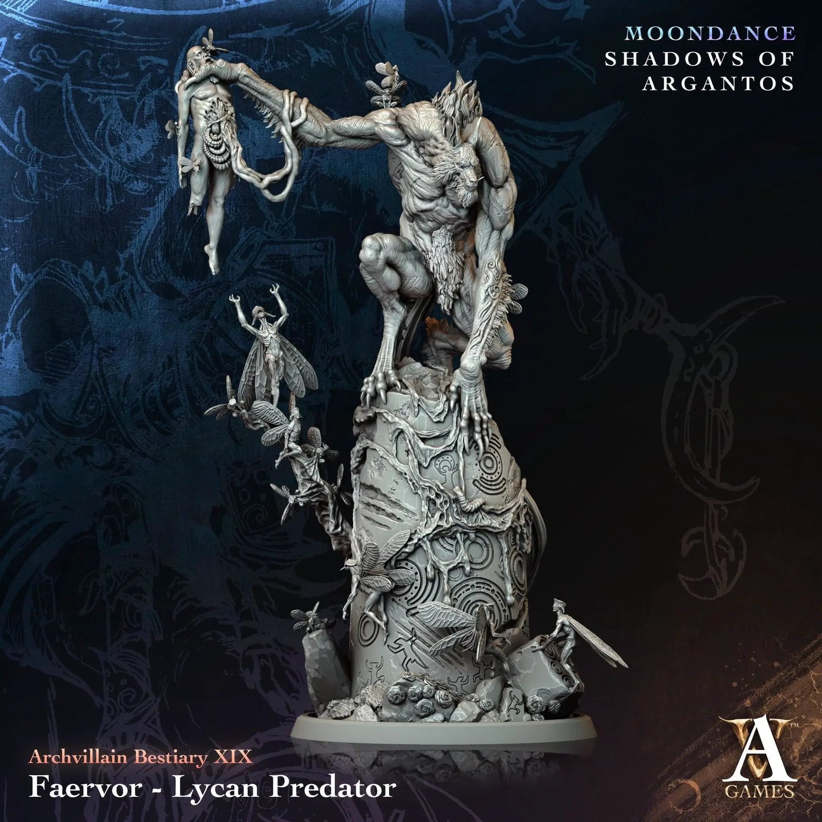 3D printed Lycan Predator miniature from Faervor series by Archvillain Games, displayed on a textured base with detailed sculpting.