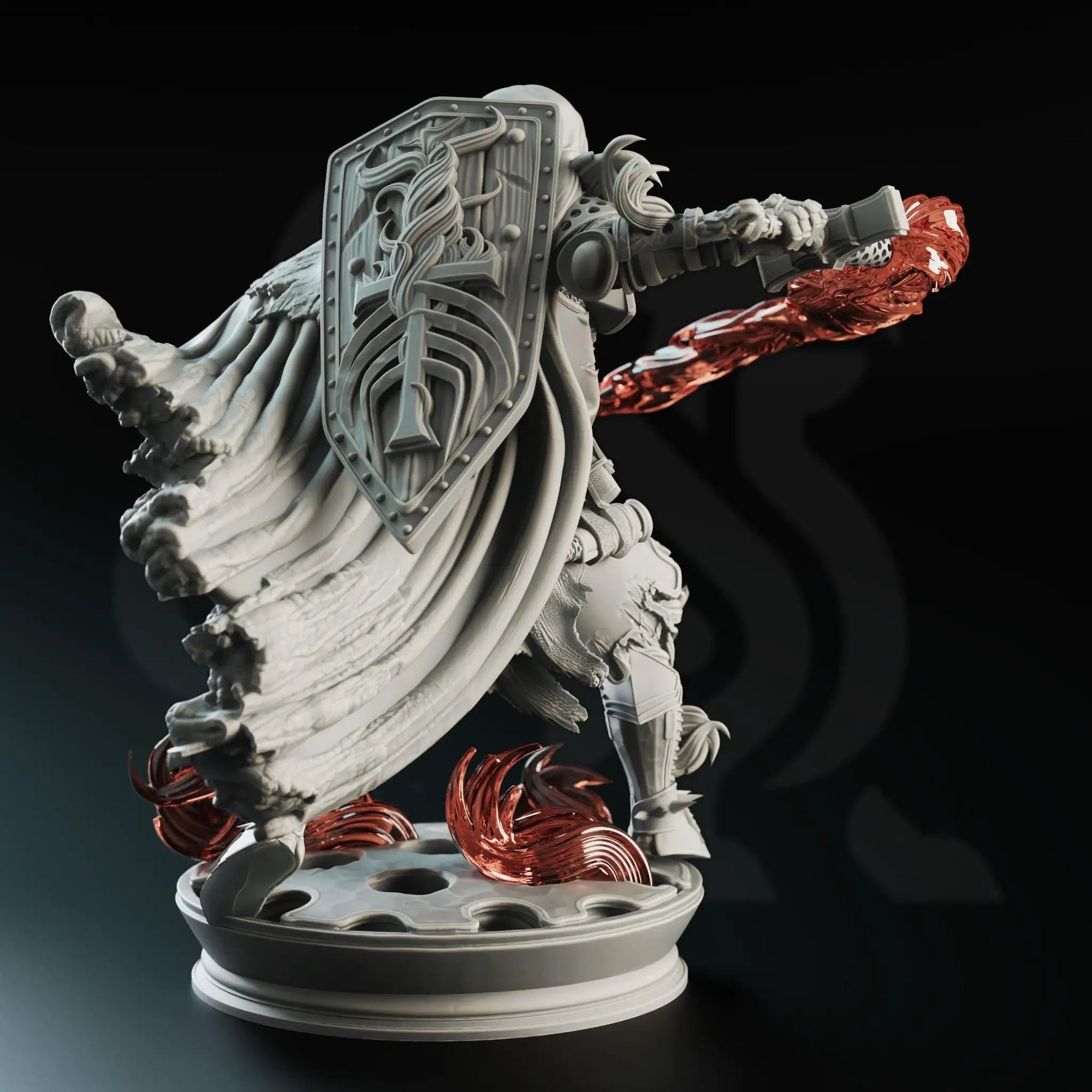 3D printed Fire Crusader Paladin miniature by Last Hope Miniatures, featuring detailed armor and fiery weaponry.
