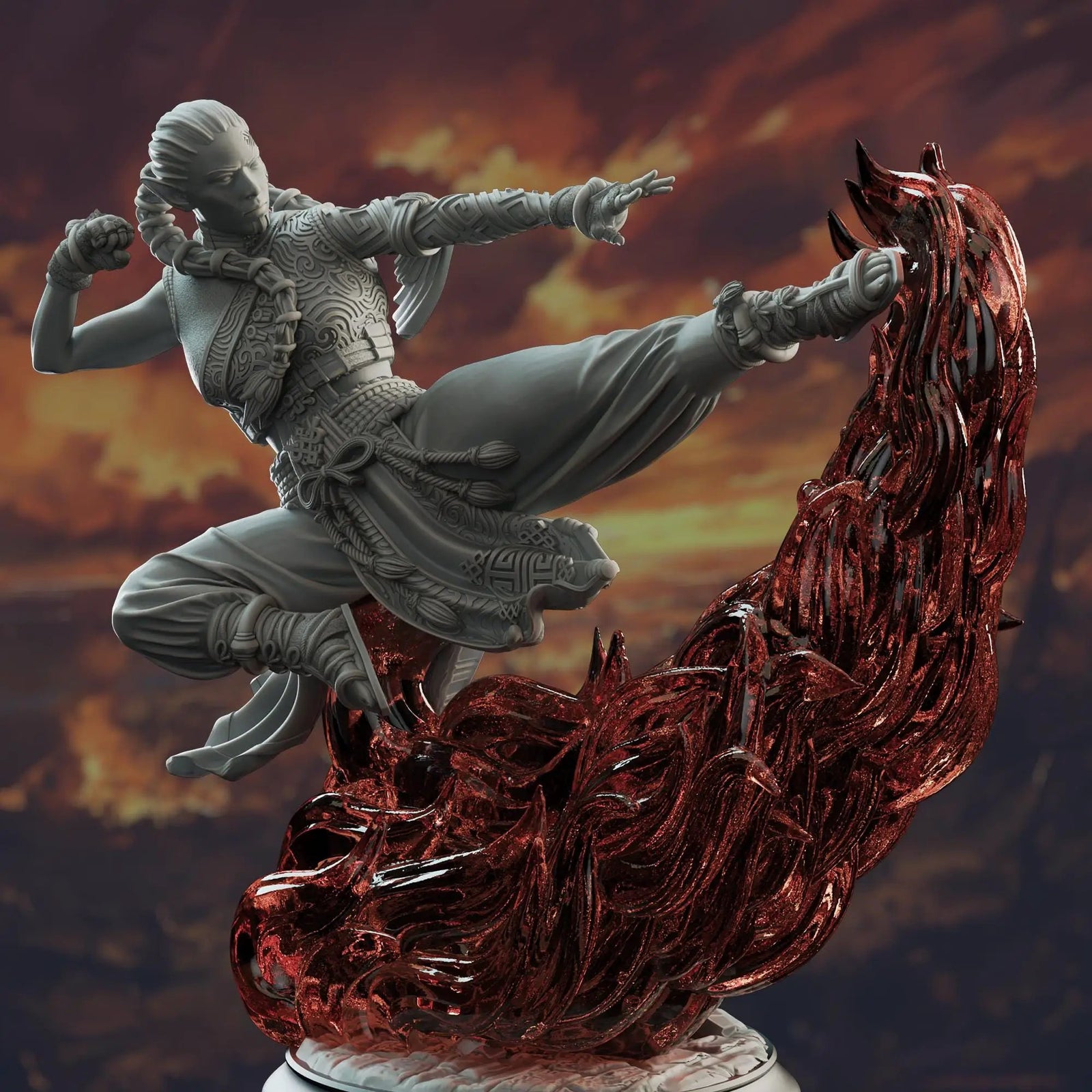 3D printed Fire Element Monk miniature by Last Hope Miniatures, featuring fiery details and intricate sculpting.