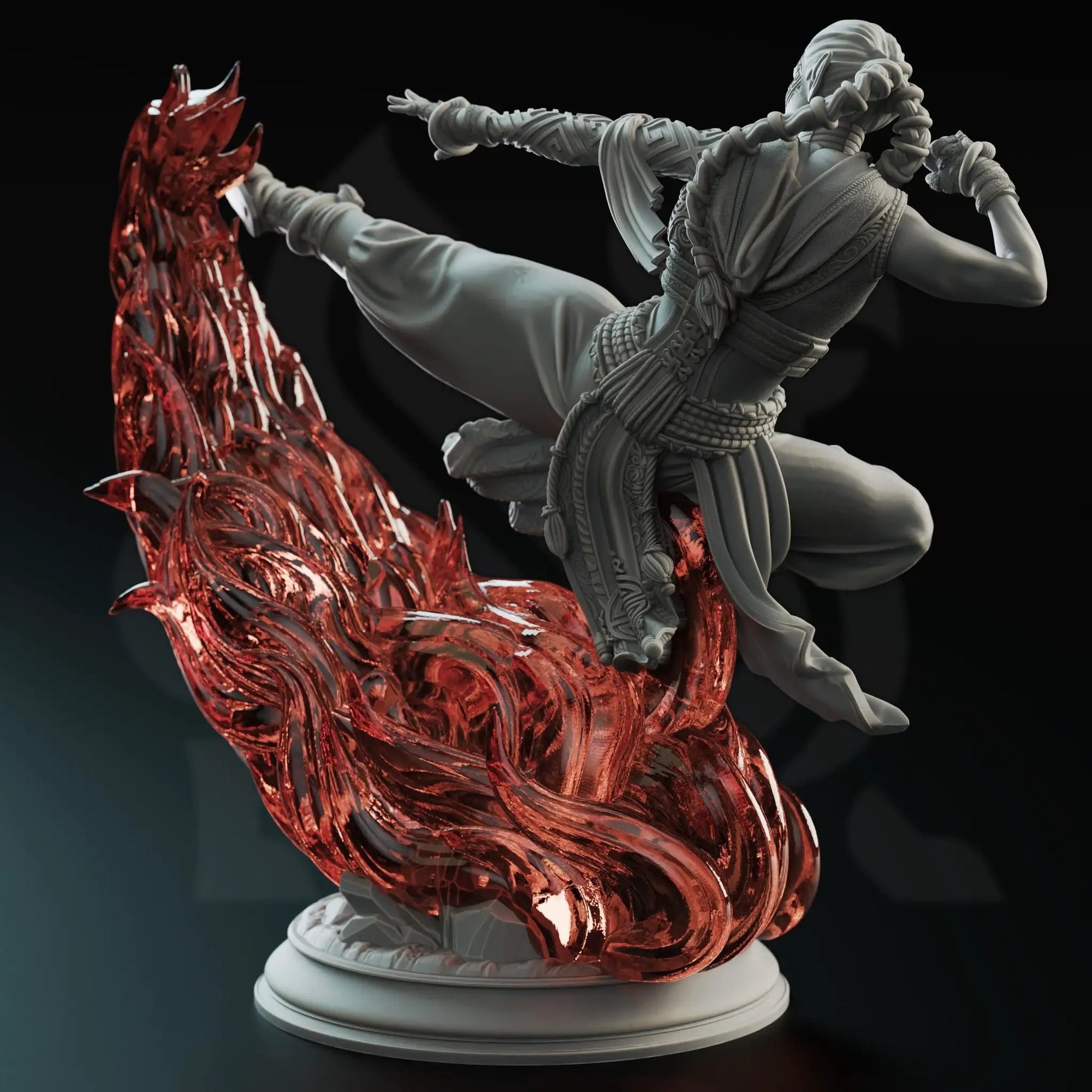 3D printed Fire Element Monk miniature by Last Hope Miniatures, featuring detailed fiery design and dynamic pose.