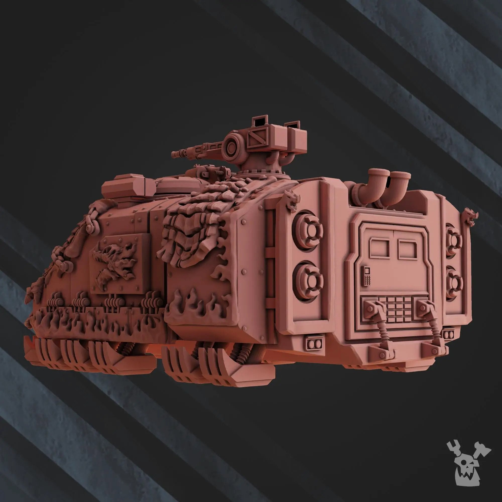 3D printed Fire Lizard APC model by DakkaDakka Miniatures, painted details visible, from Last Hope Miniatures collection.