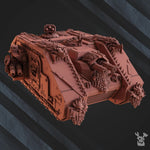 3D printed Fire Lizard Storm Tank miniature by Last Hope Miniatures, featuring detailed dragon-inspired design and vibrant orange and red hues.