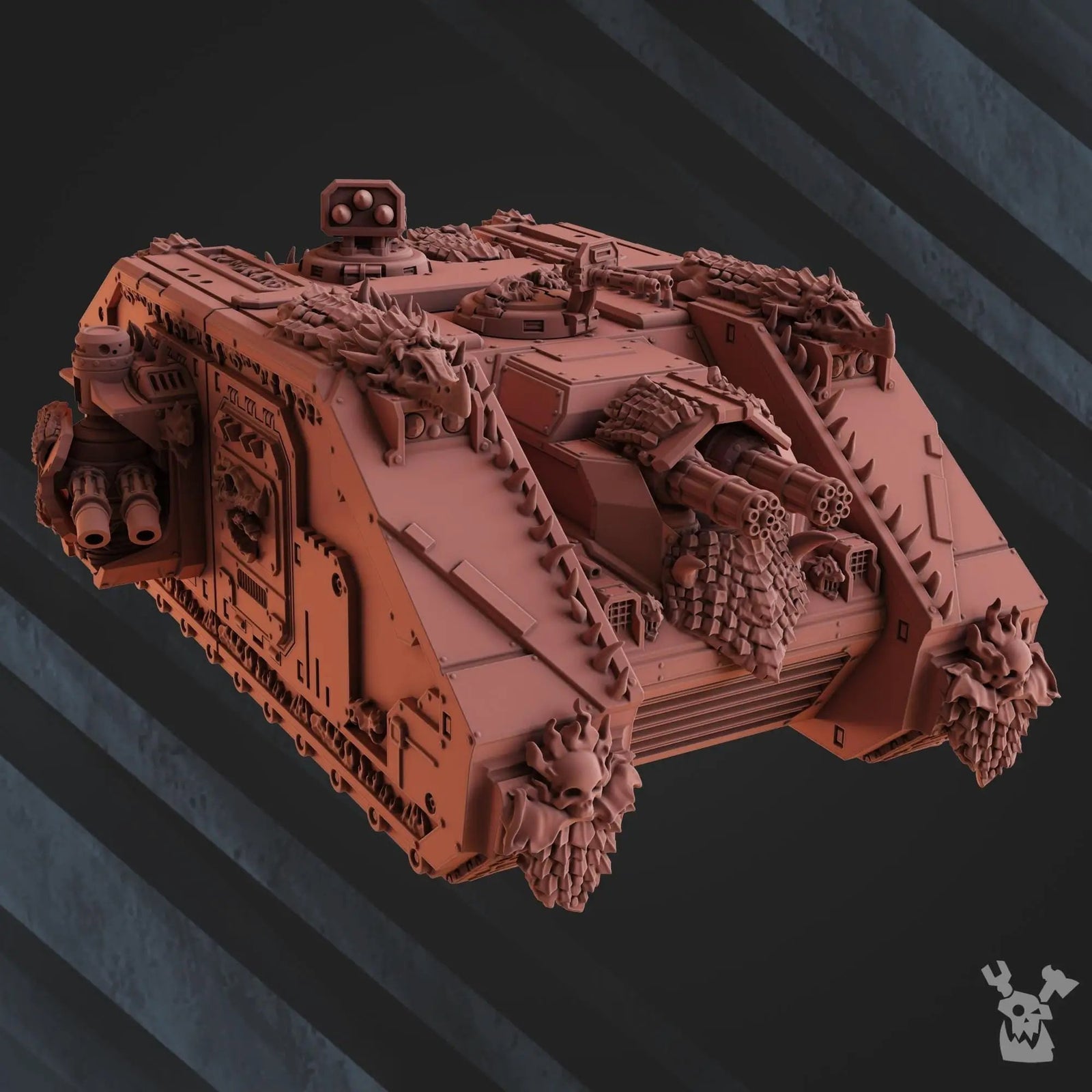 3D printed Fire Lizard Storm Tank miniature by Last Hope Miniatures, featuring detailed dragon-inspired design and vibrant orange and red hues.