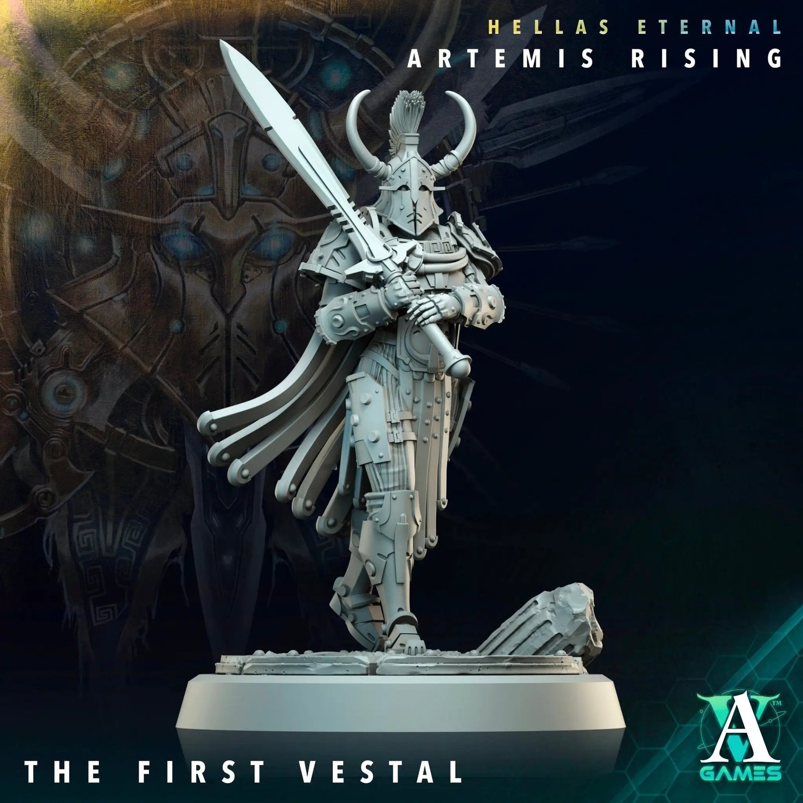 3D printed First Vestal miniature by Last Hope Miniatures for Archvillain Games, showing detailed armor and weaponry.