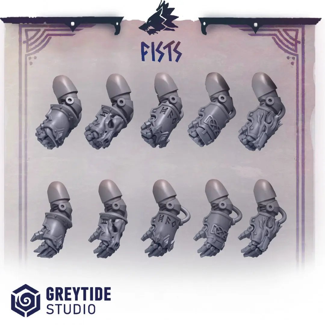 Set of ten 3D printed fists miniatures by Last Hope Miniatures for tabletop gaming, shown in various poses and textures.