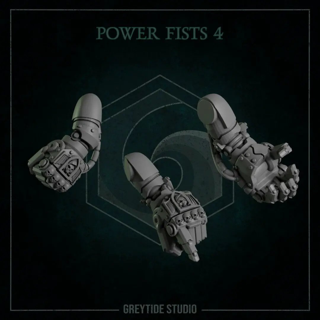Six 3D printed fists miniatures by Last Hope Miniatures from Greytide Studio, arranged on a neutral background.