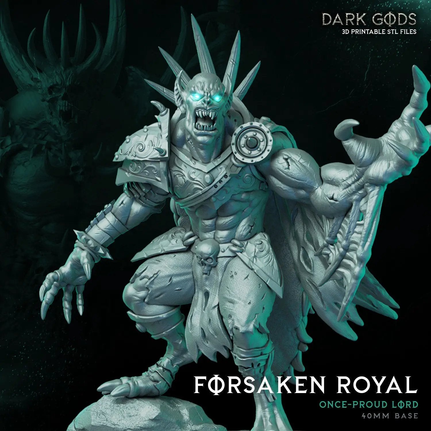 3D printed Forsaken Lord miniature by Dark Gods Miniatures, detailed dark fantasy figure with intricate armor and menacing stance.