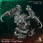 3D printed fungal dragon miniature by Last Hope Miniatures for Archvillain Games, showing detailed textured surface and vibrant colors.