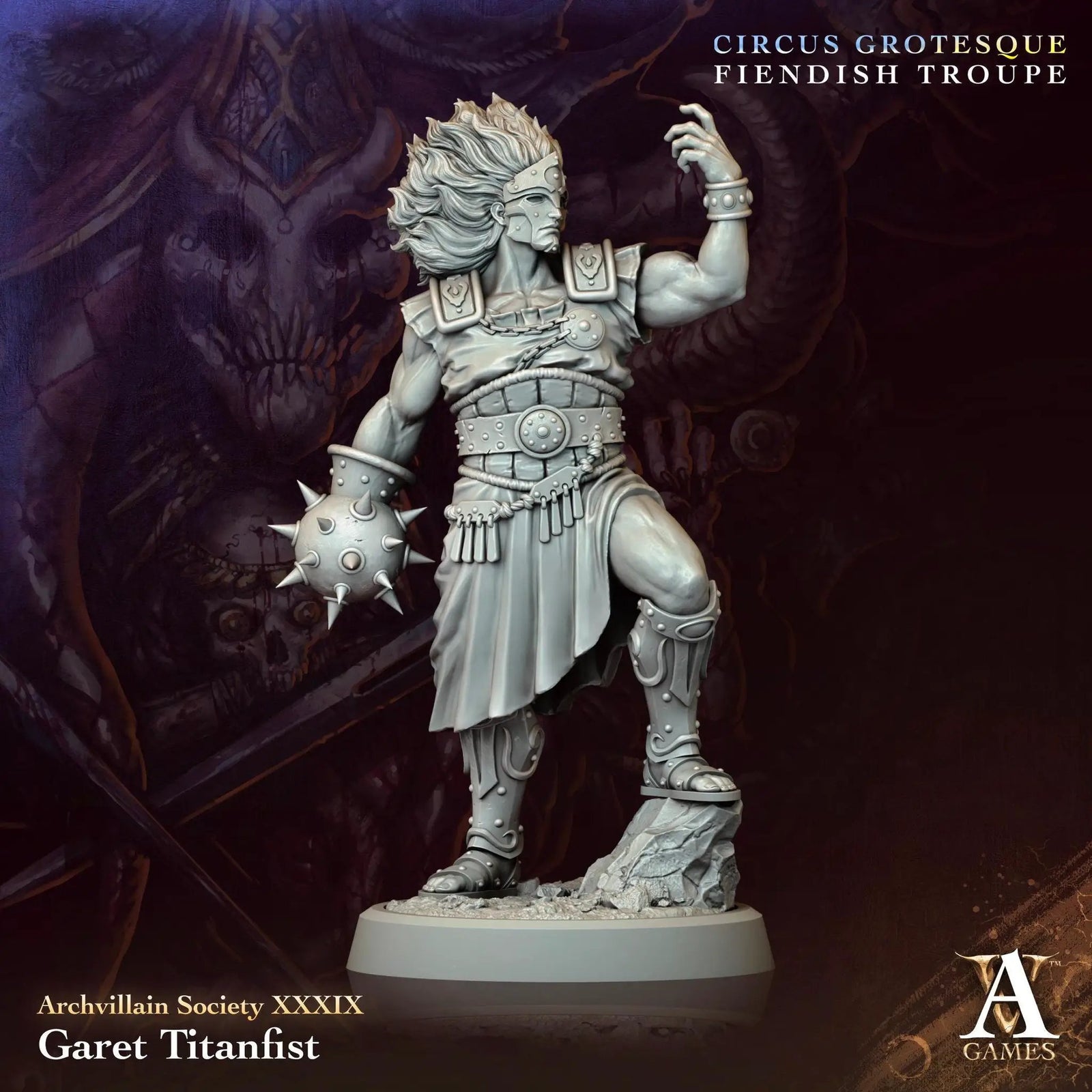3D printed Garet Titanfist miniature by Last Hope Miniatures for Archvillain Games, featuring detailed armor and weapon design.