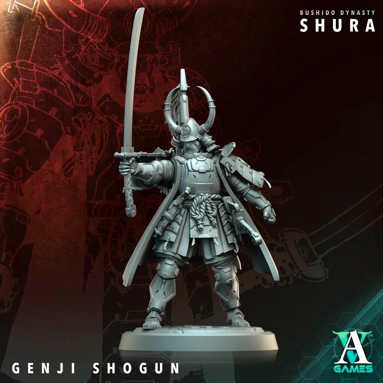 3D printed Genji Shogun miniature by Last Hope Miniatures for Archvillain Games, detailed model with vibrant colors and intricate design.