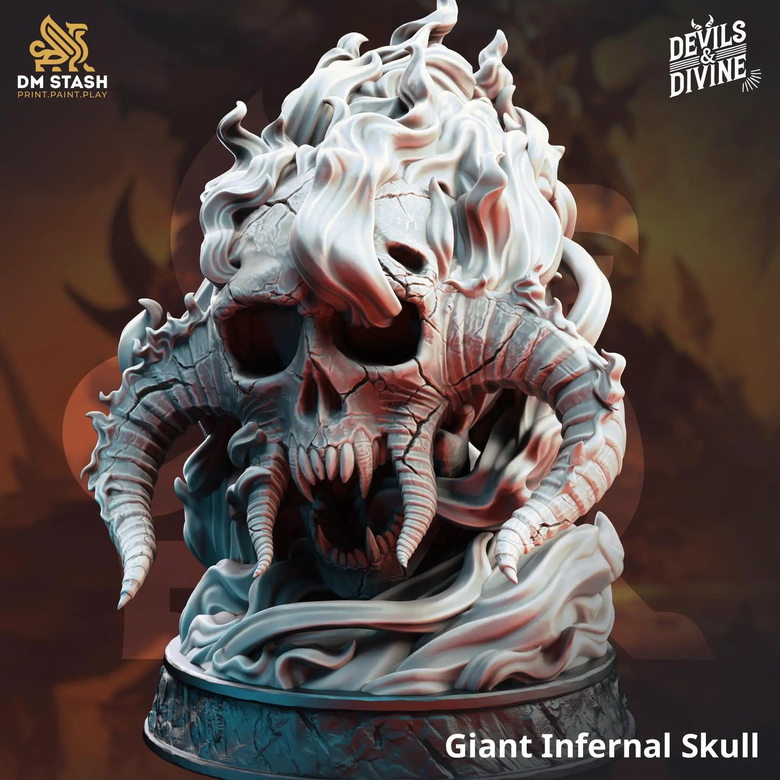 3D printed giant flaming infernal skull by Last Hope Miniatures, detailed dark fantasy sculpture with fiery design.