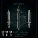 Set of 12 3D printed Gladius swords by Last Hope Miniatures, displayed with intricate blade and hilt details.