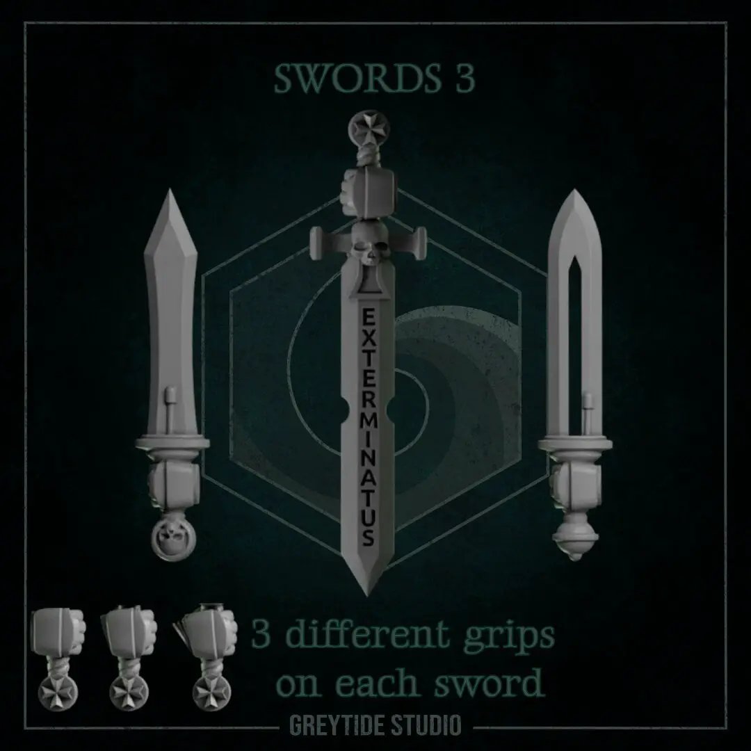 Set of 12 3D printed Gladius swords by Last Hope Miniatures, displayed with intricate blade and hilt details.