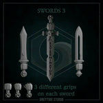 Set of nine 3D printed Gladius swords by Last Hope Miniatures, detailed miniature weapon replicas from Greytide Studio.