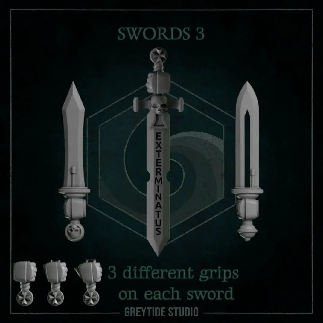Set of nine 3D printed Gladius swords by Last Hope Miniatures, detailed miniature weapon replicas from Greytide Studio.