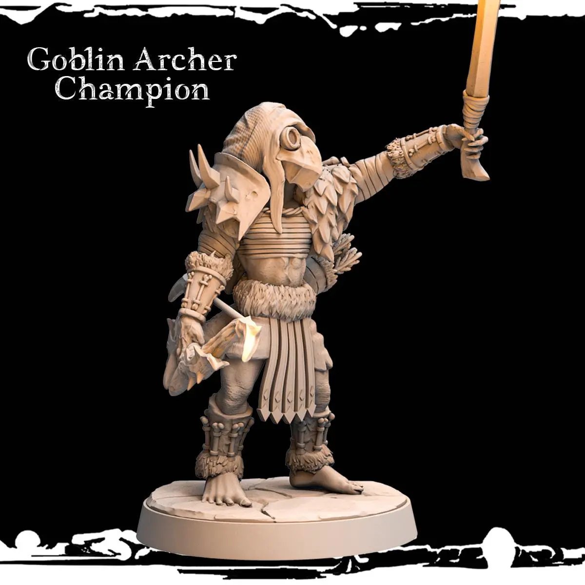3D printed Goblin Archer Champion figurine by Last Hope Miniatures, detailed fantasy miniature with bow and armor, mounted on a base