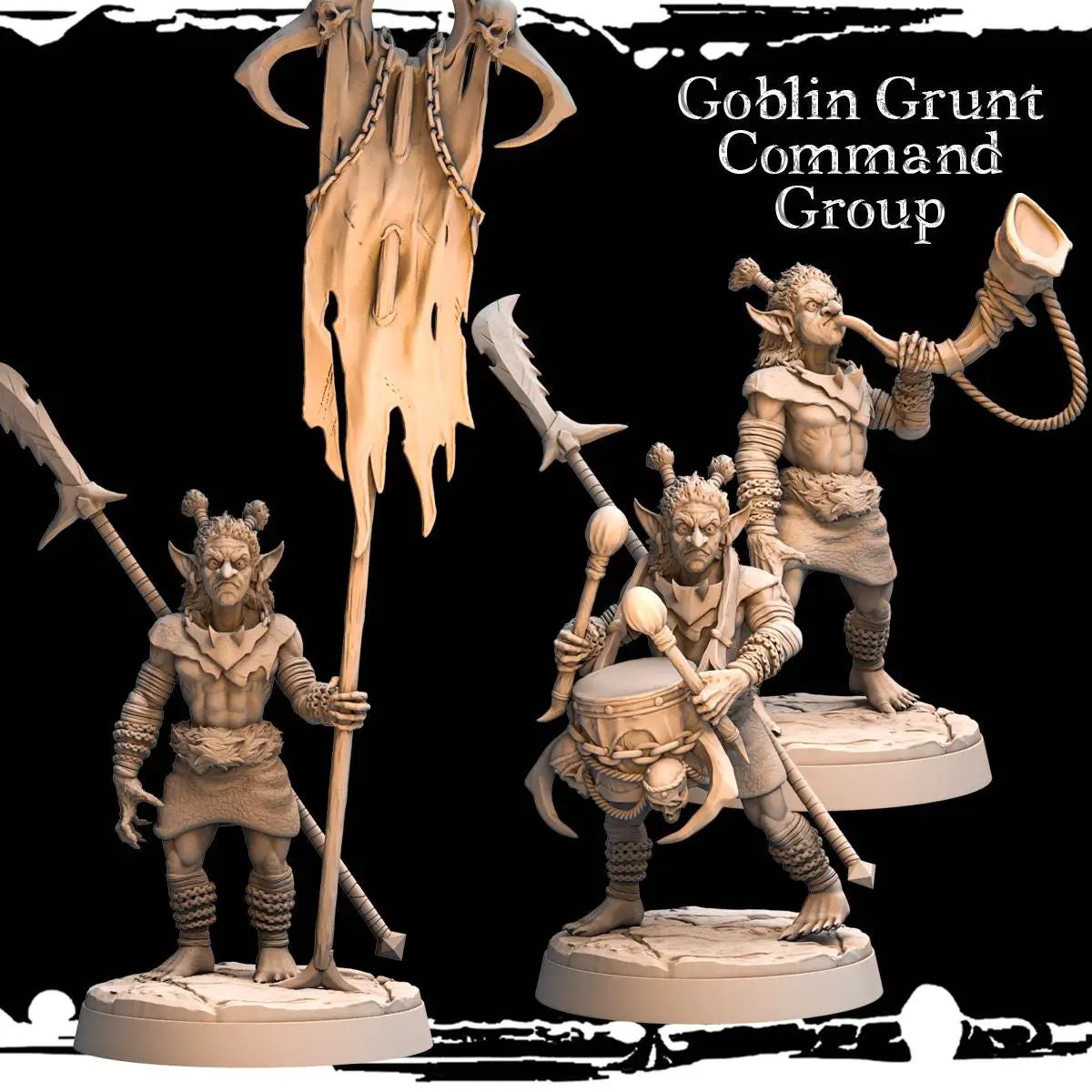 3D printed Goblin Grunt Command Group miniatures by Last Hope Miniatures, featuring detailed goblin figures for tabletop gaming.