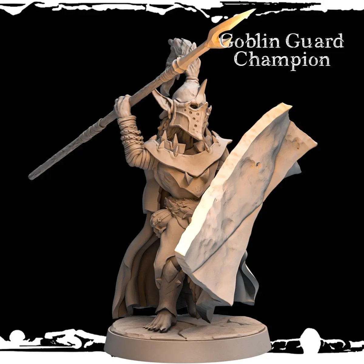 3D printed Goblin Guard Champion miniature by Last Hope Miniatures, featuring detailed armor and fierce stance from Monolith Arts.
