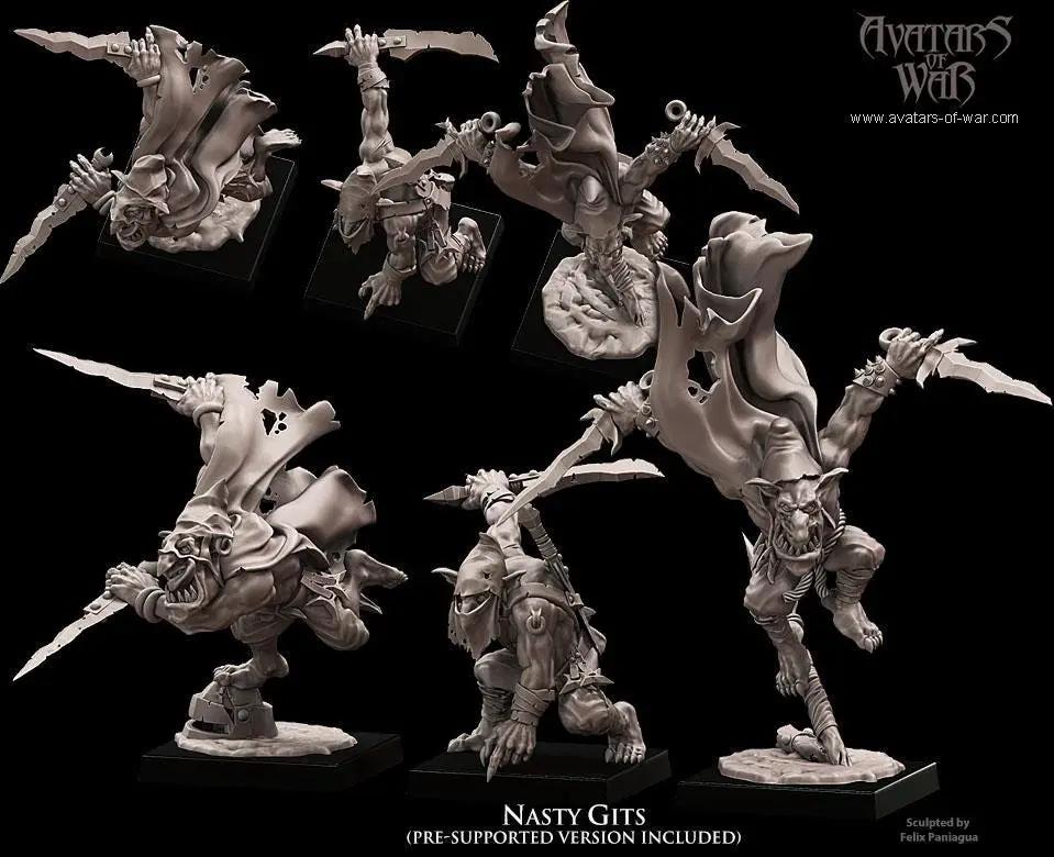 Three 3D printed Goblin Nasty Gits miniatures by Last Hope Miniatures for Avatars of War, featuring detailed goblin figures.