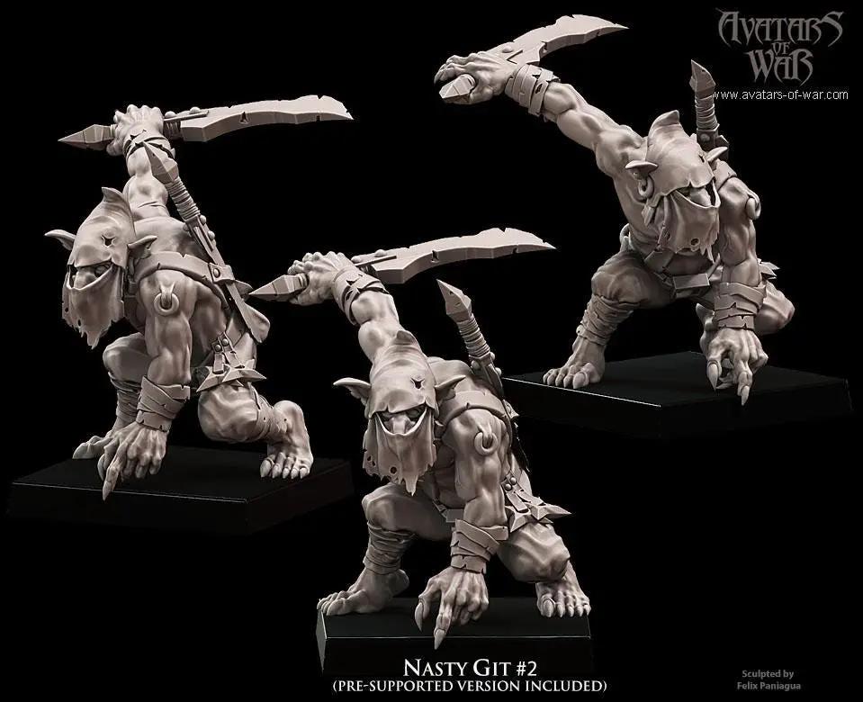 Three 3D printed Goblin Nasty Gits miniatures by Avatars of War, displayed on a plain background, detailed and ready for painting.