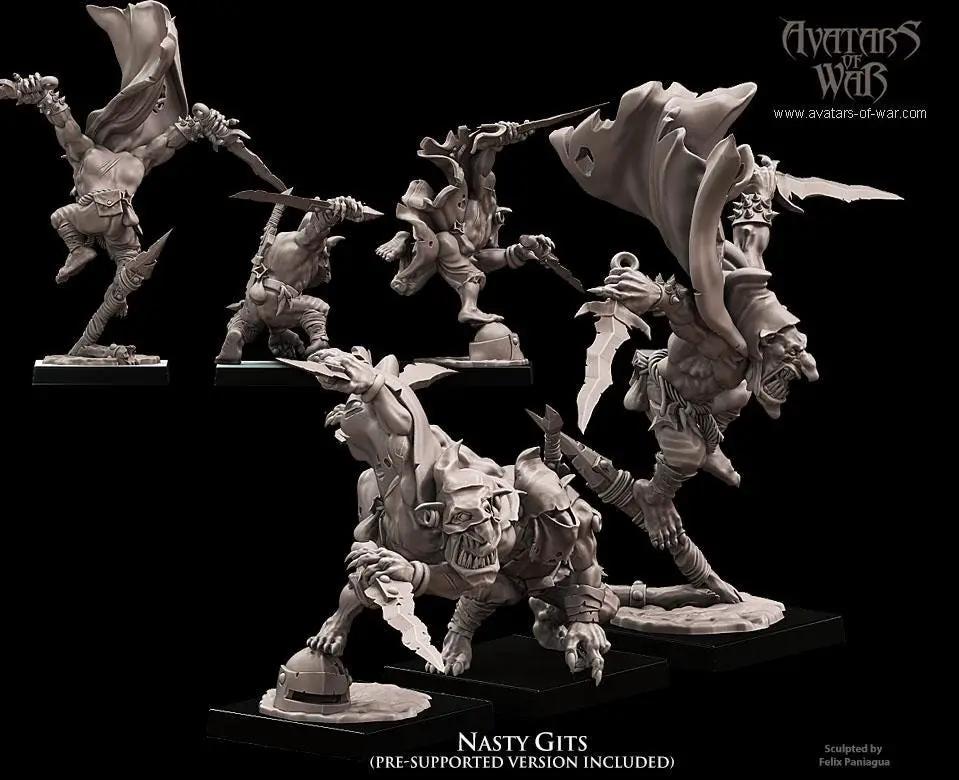 Three 3D printed Goblin Nasty Gits miniatures by Last Hope Miniatures for Avatars of War, showing detailed goblin figures.
