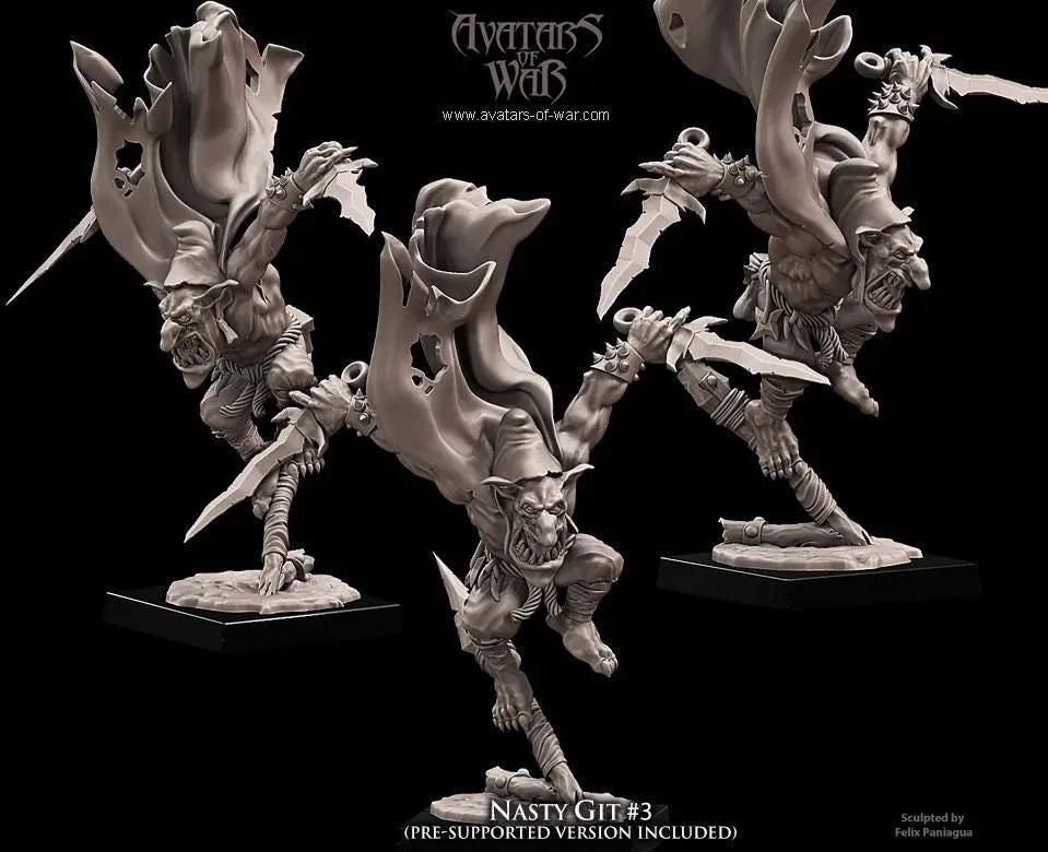 Three 3D printed Goblin Nasty Gits miniatures by Last Hope Miniatures for Avatars of War, detailed green goblin figures.