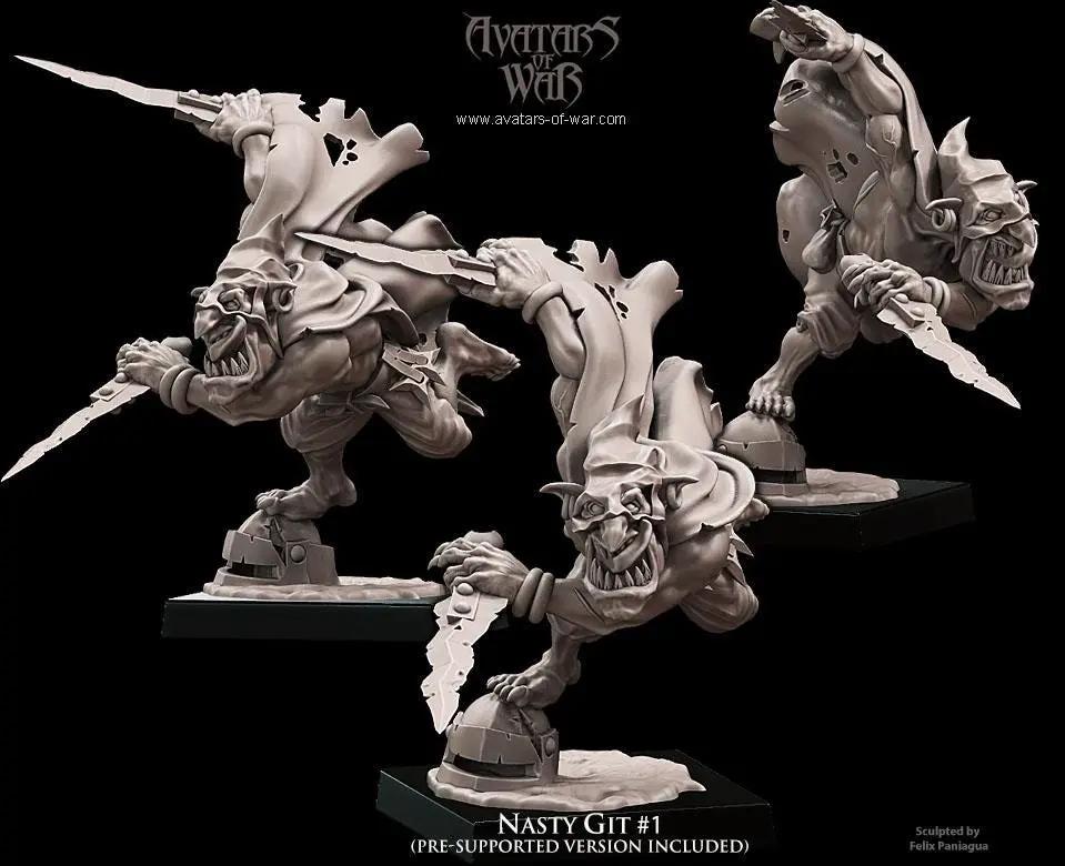 Three 3D printed Goblin Nasty Gits miniatures by Avatars of War, shown assembled on a plain background.