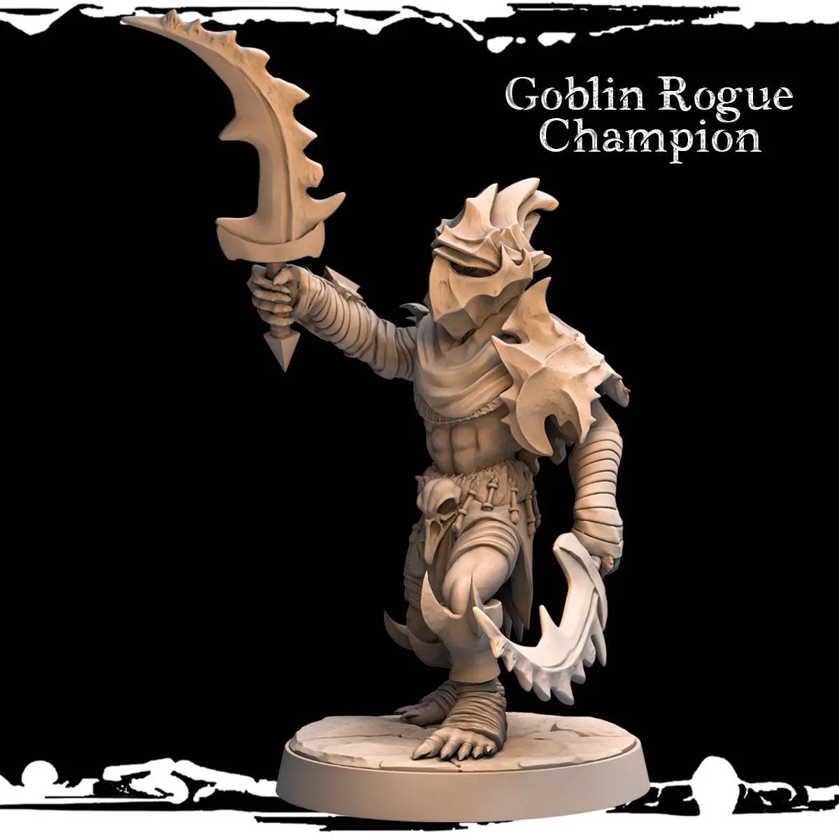 3D printed Goblin Rogue Champion miniature by Last Hope Miniatures, showcasing detailed sculpt with armor and weapon in monochrome.