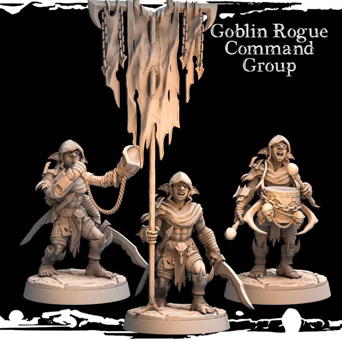 3D printed Goblin Rogue Command Group miniatures by Last Hope Miniatures, featuring detailed goblin figures for tabletop gaming.