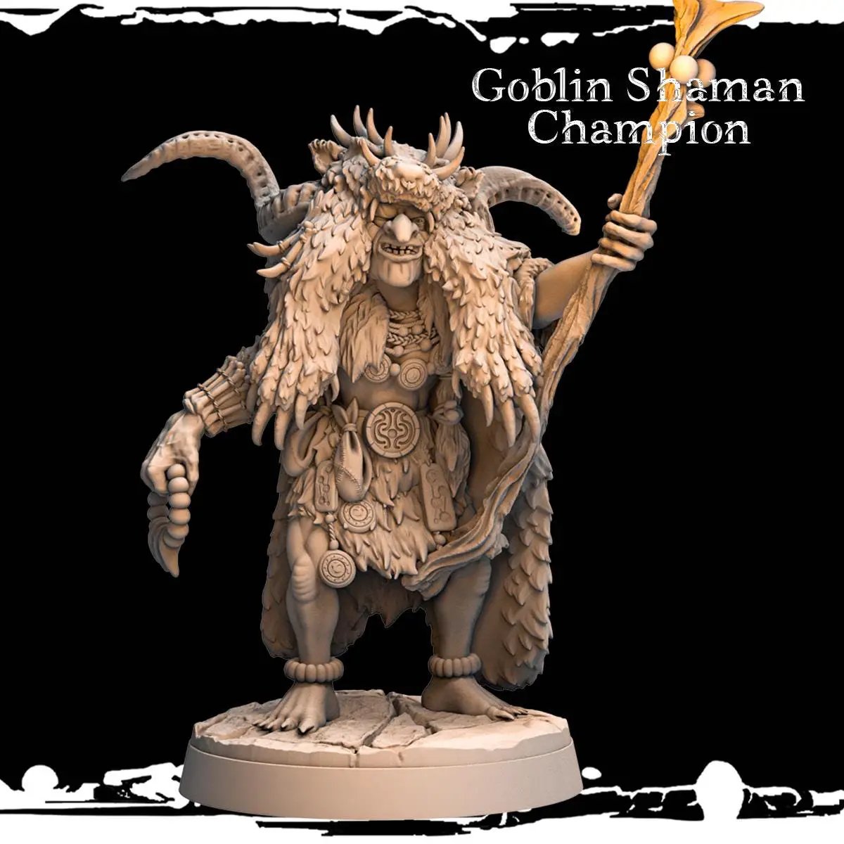 3D printed Goblin Shaman Champion miniature by Last Hope Miniatures, detailed fantasy figure with tribal attire and mystical staff.