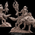 3D printed Goblin Shaman riding a wolf miniature by Last Hope Miniatures for Avatars of War, detailed fantasy creature model.