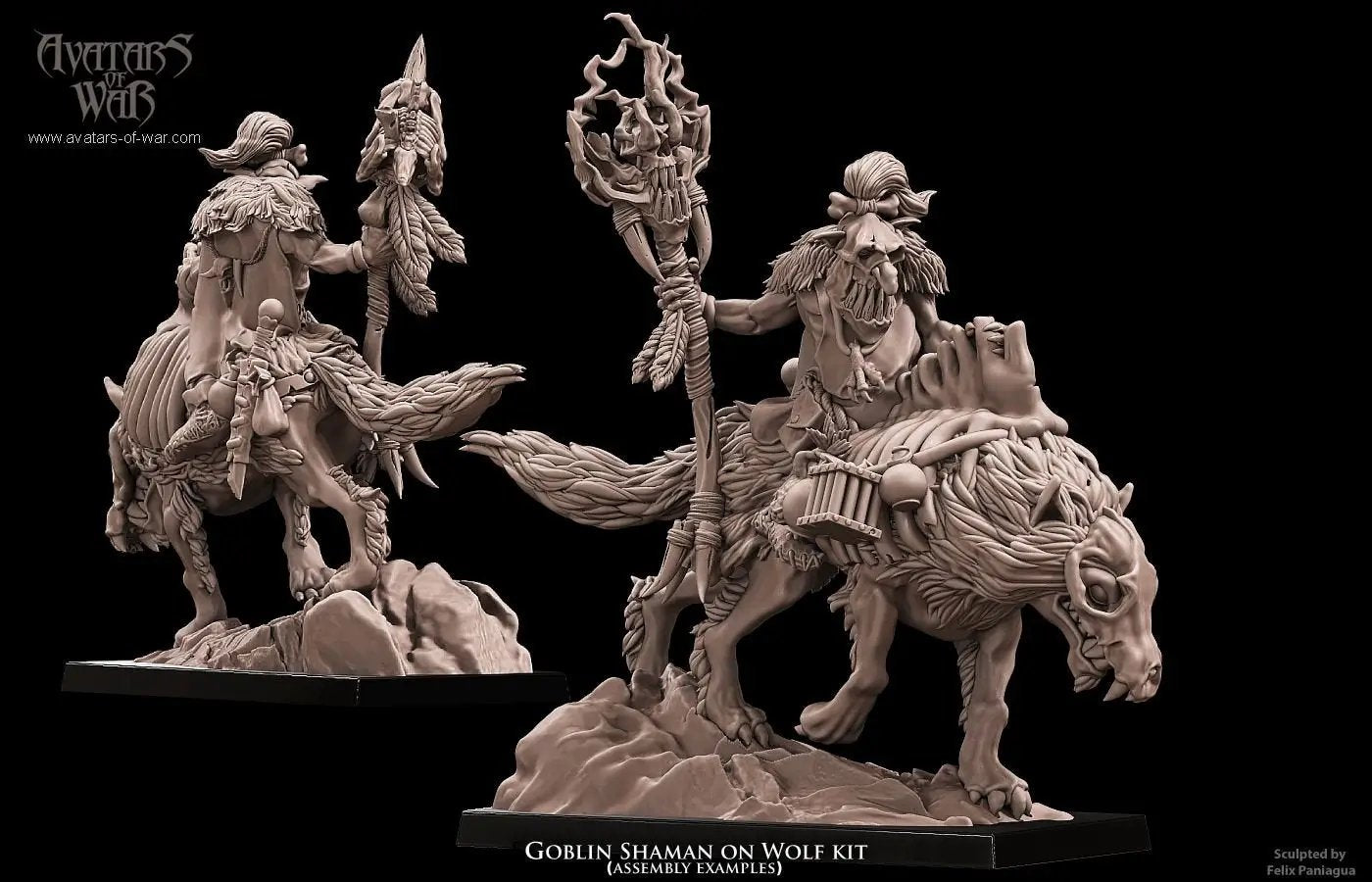 3D printed Goblin Shaman riding a wolf miniature by Last Hope Miniatures for Avatars of War, detailed fantasy creature model.