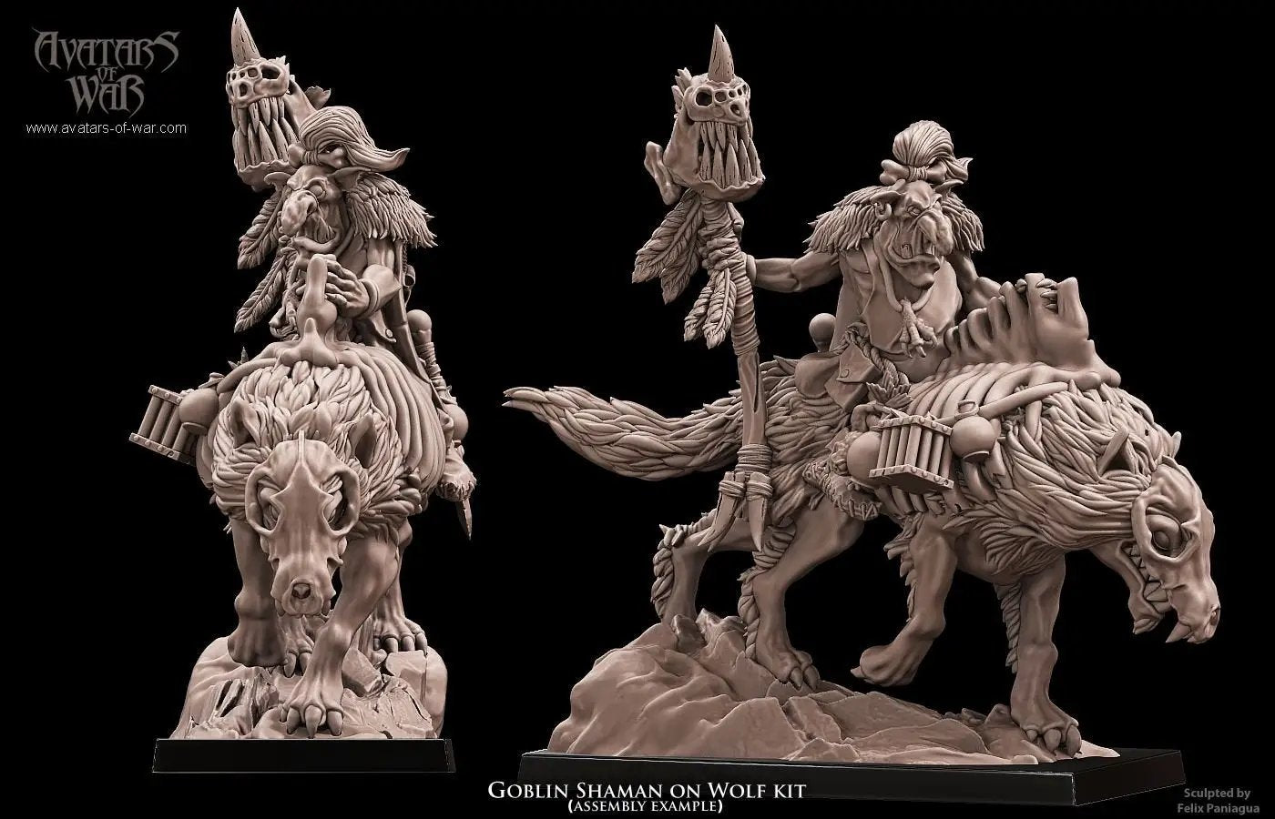 3D printed Goblin Shaman riding a wolf, detailed miniature by Last Hope Miniatures for Avatars of War.