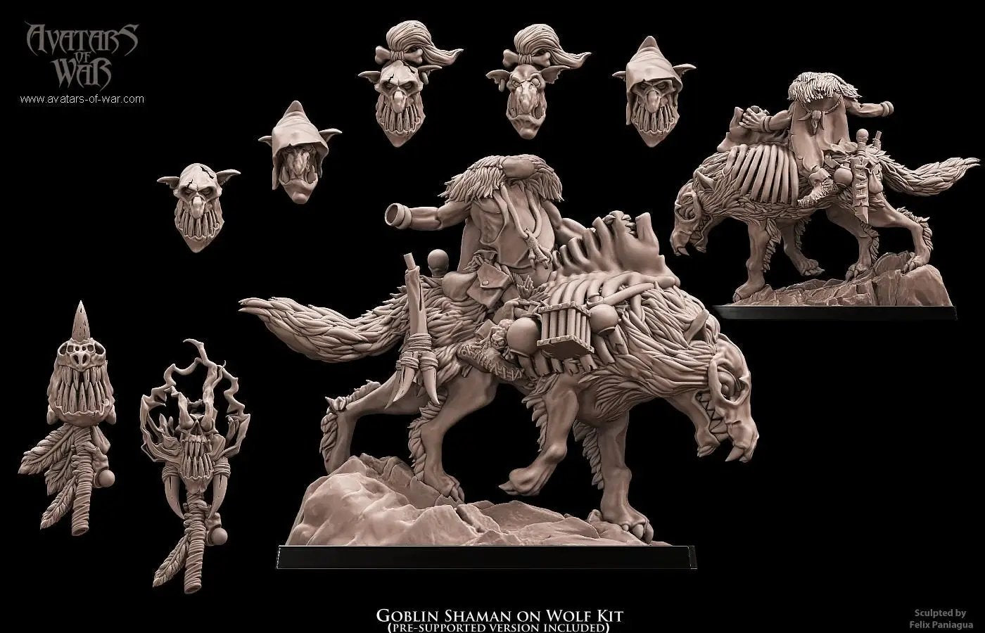 3D printed Goblin Shaman on wolf miniature by Last Hope Miniatures, detailed fantasy figure for tabletop gaming.