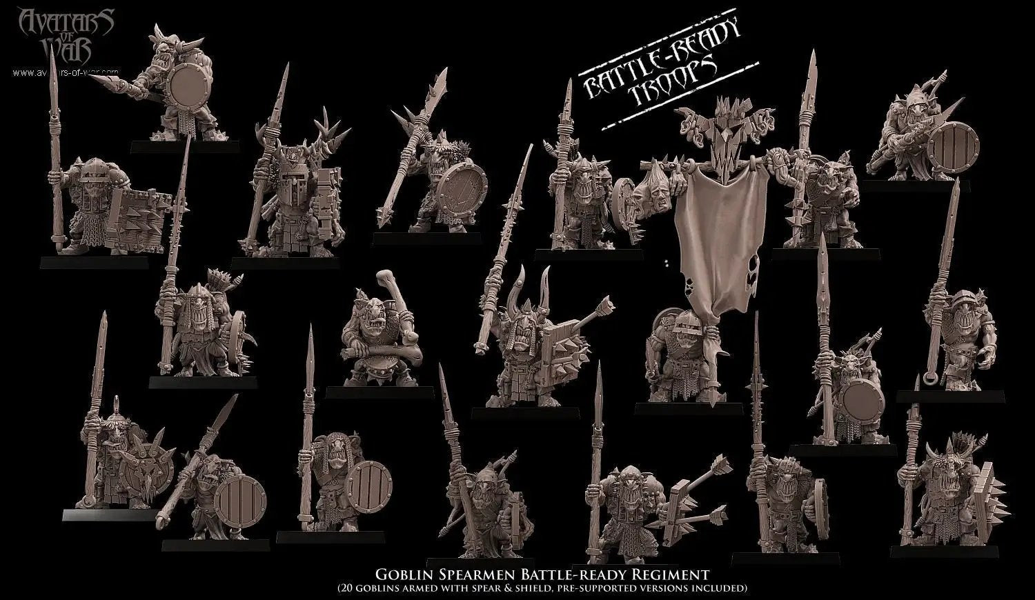 20 3D printed Goblin Spearmen Regiment miniatures by Last Hope Miniatures for Avatars of War, detailed goblin warrior figures.
