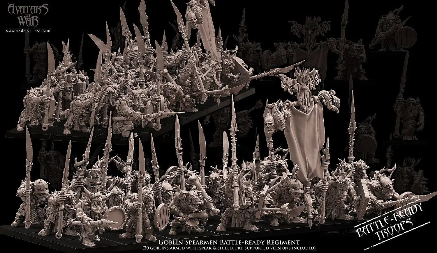 20 3D printed Goblin Spearmen Regiment figures by Last Hope Miniatures for Avatars of War, featuring goblin soldiers with spears.