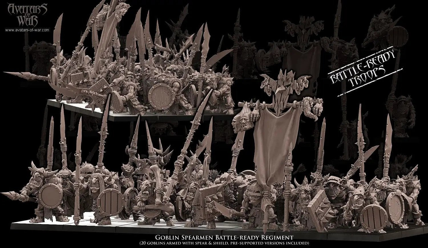 20 3D printed Goblin Spearmen Regiment figurines by Last Hope Miniatures for Avatars of War, detailed goblin soldiers with spears.