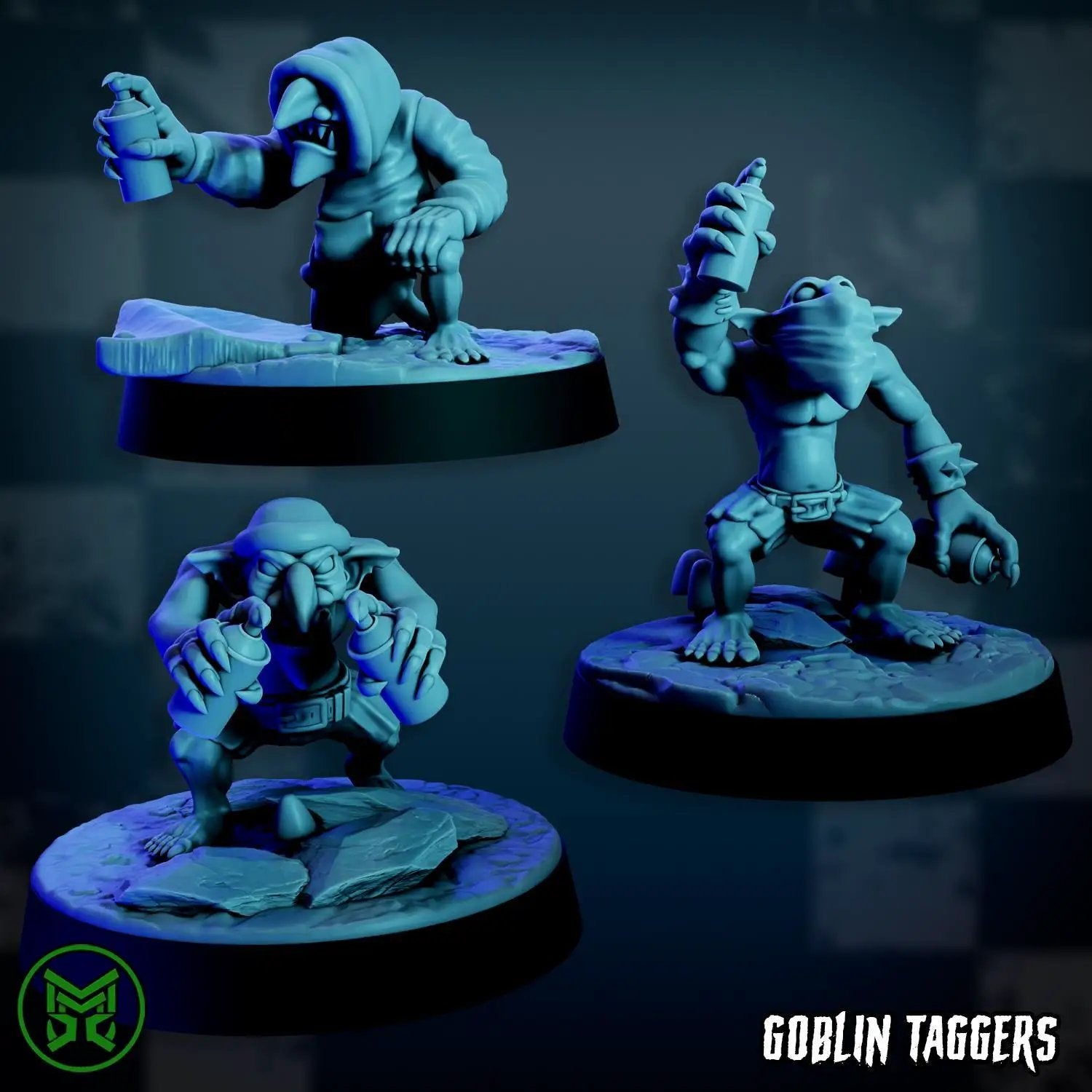 3D printed Goblin Taggers miniature by Last Hope Miniatures for Mekka Miniatures, showing detailed goblin figures in green with weapons.
