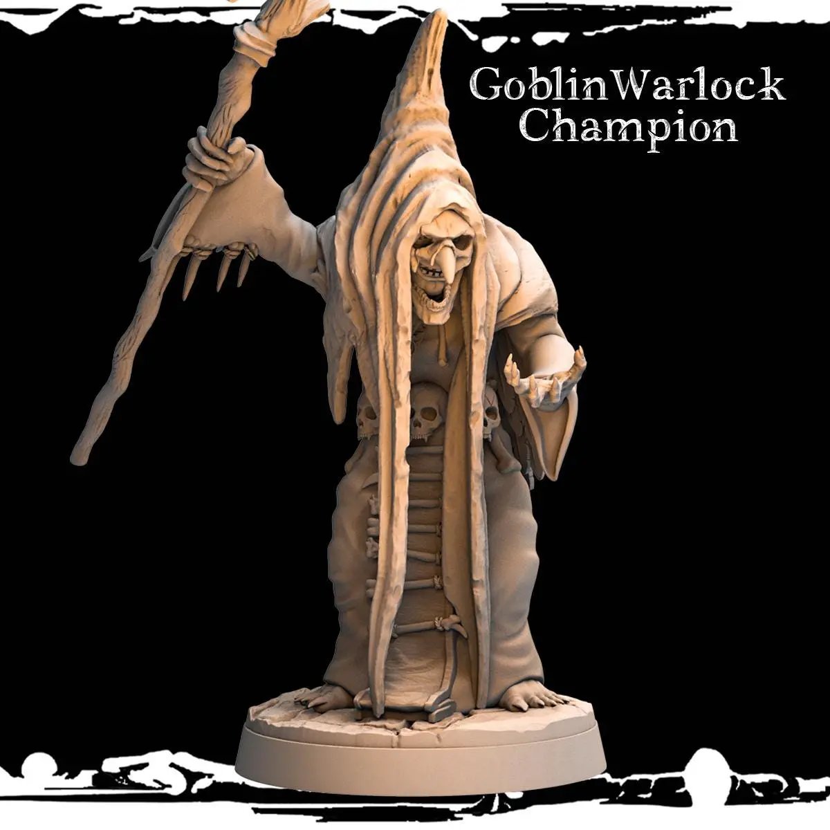 3D printed Goblin Warlock Champion miniature by Last Hope Miniatures, detailed green goblin figure with magical staff and armor.