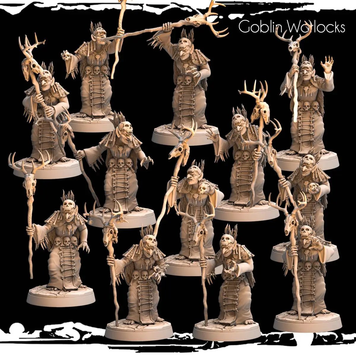 3D printed Goblin Warlocks miniatures by Last Hope Miniatures, featuring detailed green goblin figures with mystical attire.