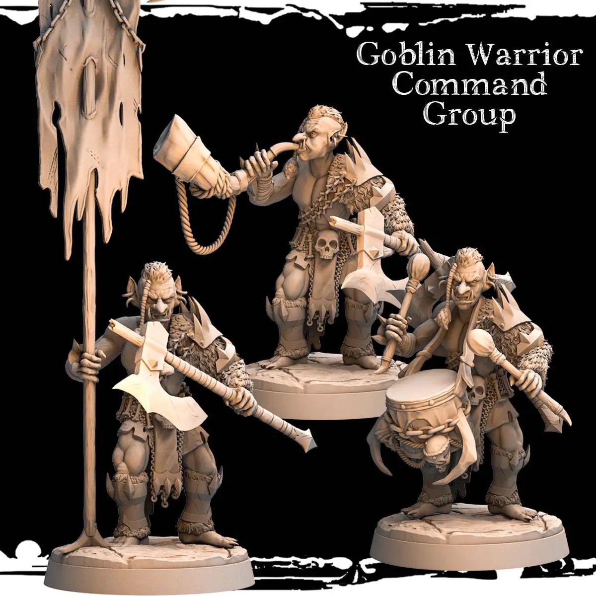 3D printed Goblin Warrior Command Group miniatures by Last Hope Miniatures, featuring detailed goblin figures in armor and weapons.