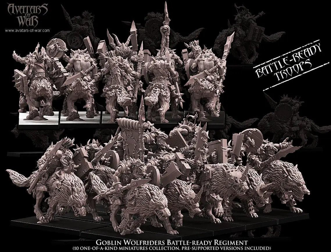 3D printed Goblin Wolfrider Battle-Ready Regiment by Last Hope Miniatures for Avatars of War, featuring detailed goblin figures with weapons.