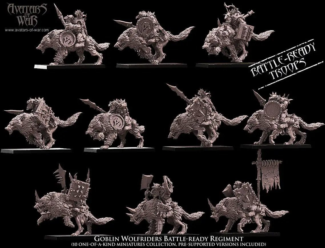 3D printed Goblin Wolfrider Battle-Ready Regiment miniatures by Last Hope Miniatures, featuring detailed goblin and wolf figures.